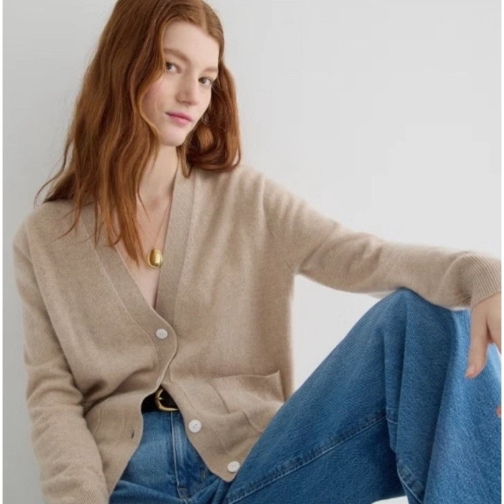 J. crew Cashmere relaxed pocket cardigan sweater tan
